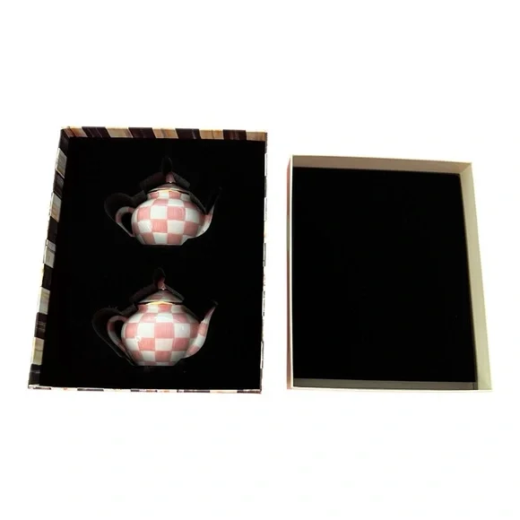 Mackenzie-Childs NWT in gift box gorgeous Rosy Check Teapot Salt & Pepper set - Picture 3 of 14